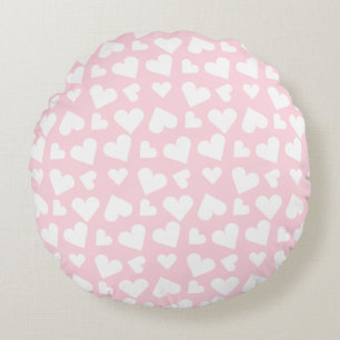 Girly Heart Pattern Pink White Round Cushion