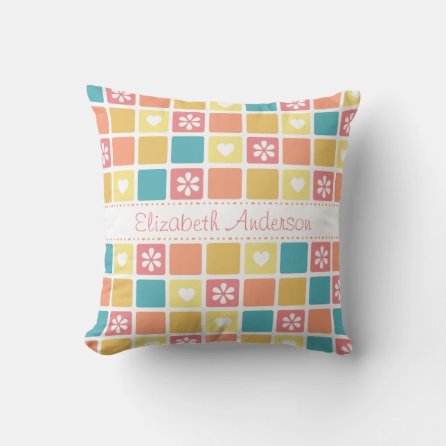 Girly Heart Square Pattern Retro Daisy Flowers Cushion (Front)