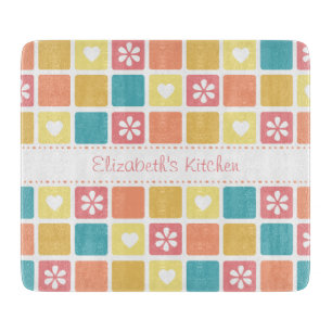 Girly Heart Square Pattern Retro Daisy Flowers Cutting Board