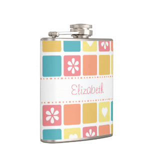 Girly Heart Square Pattern Retro Daisy Flowers Hip Flask