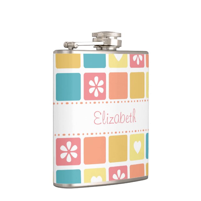 Girly Heart Square Pattern Retro Daisy Flowers Hip Flask (Right)