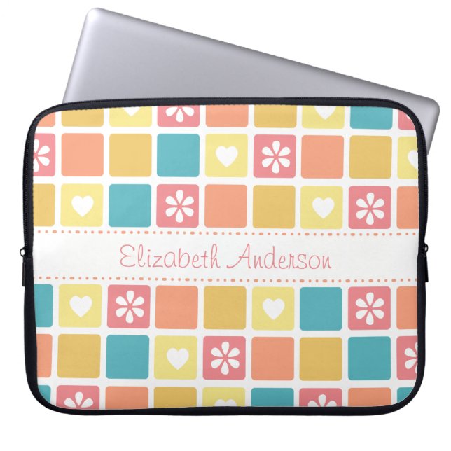 Girly Heart Square Pattern Retro Daisy Flowers Laptop Sleeve (Front)