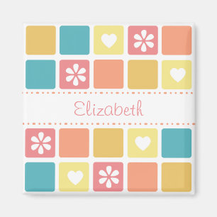 Girly Heart Square Pattern Retro Daisy Flowers Magnet