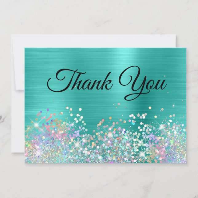 Girly Holo Glitter Turquoise Foil Thank You Card (Front)