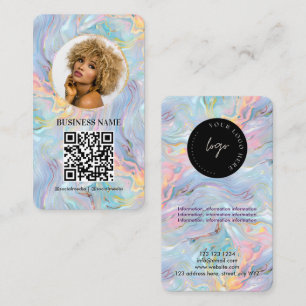 Girly Holographic Marble Swirl QR Code Logo Business Card