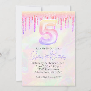Girly Holographic Pink Glitter Drips 5th Birthday  Invitation
