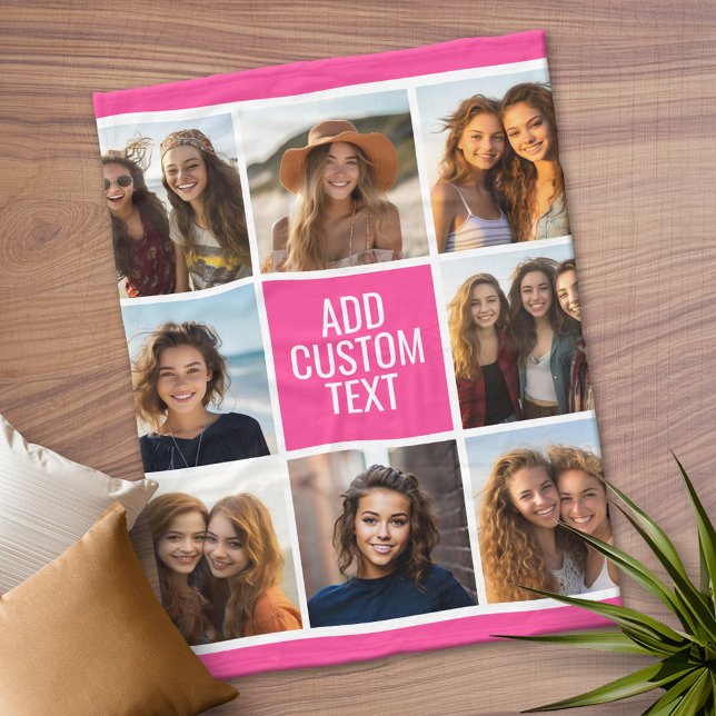 Girly Hot Pink 8 Square Photo Collage Monogram Fleece Blanket (Personalized Fleece Blanket)
