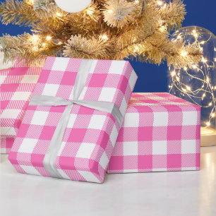 Girly Hot Pink and White Buffalo Check Wrapping Paper