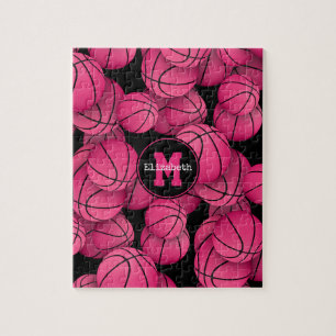 Girly hot pink basketballs pattern monogrammed jigsaw puzzle