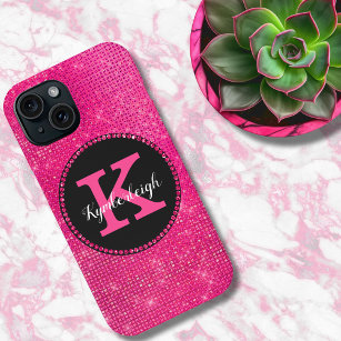 Girly Hot Pink Black Glam Diamond Monogram Name iPhone 15 Mini Case