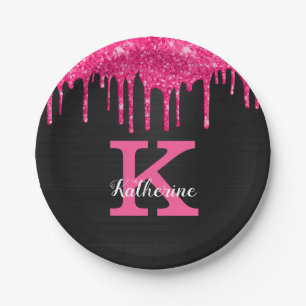 Girly Hot Pink Black Glitter Drips Monogram Name Paper Plate