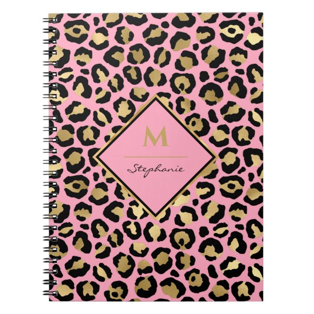Girly Hot Pink Black & Gold Leopard Print Monogram Notebook (Front)