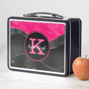 Girly Hot Pink Black Grey Waves Glam Monogram Name Metal Lunch Box
