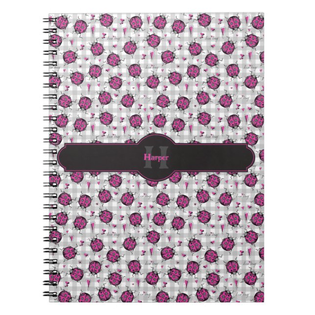 Girly Hot Pink & Black Ladybugs Grey Gingham Name  Notebook (Front)