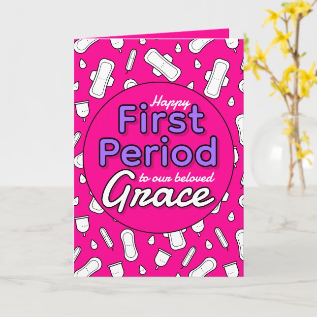 Girly Hot Pink Cartoon Pad Tampon First Period Card (Yellow Flower)