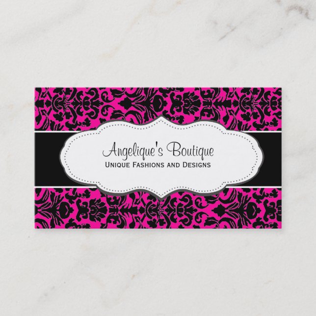 Girly Hot Pink Damask Business Card (Front)