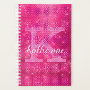 Girly Hot Pink Diamond Glam Sparkle Monogram Name Planner