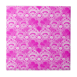 Girly Hot Pink Fuchsia White Lace Damask Ceramic Tile