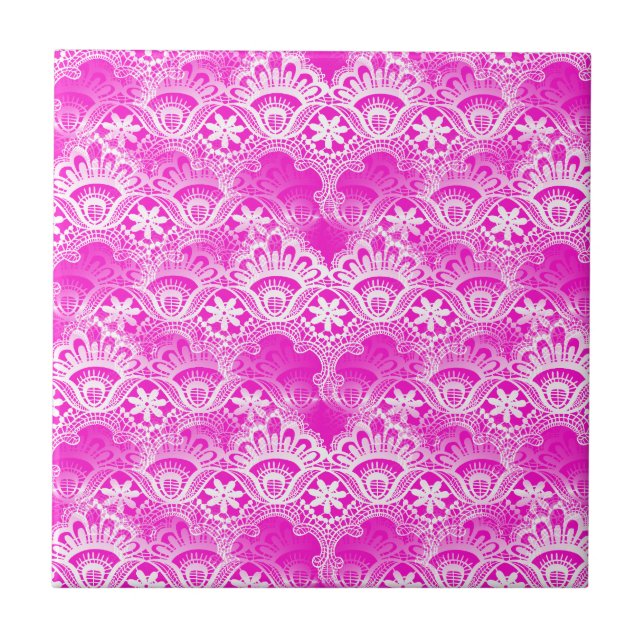 Girly Hot Pink Fuchsia White Lace Damask Ceramic Tile (Front)