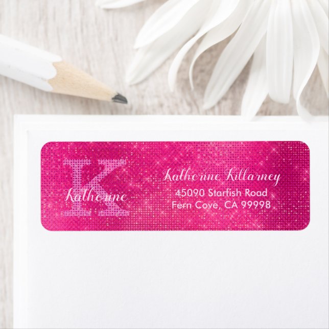Girly Hot Pink Fun Glitter Monogram Return Address Label (Insitu)