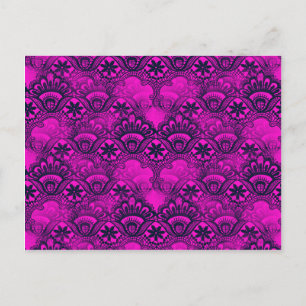Girly Hot Pink Fuschia Navy Blue Damask Lace Postcard