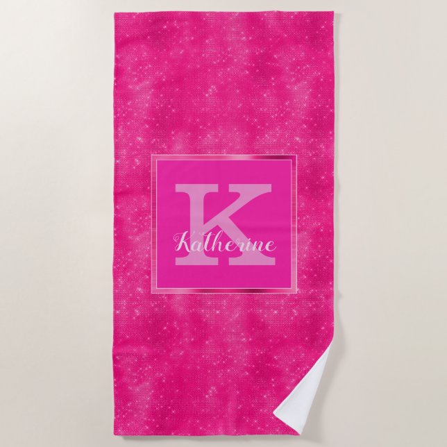 Girly Hot Pink Glam Diamond Sparkle Monogram Name Beach Towel (Front)