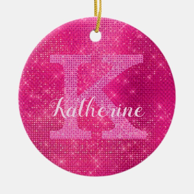 Girly Hot Pink Glam Diamond Sparkle Monogram Name Ceramic Ornament (Front)