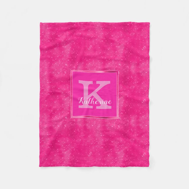 Girly Hot Pink Glam Diamond Sparkle Monogram Name Fleece Blanket (Front)