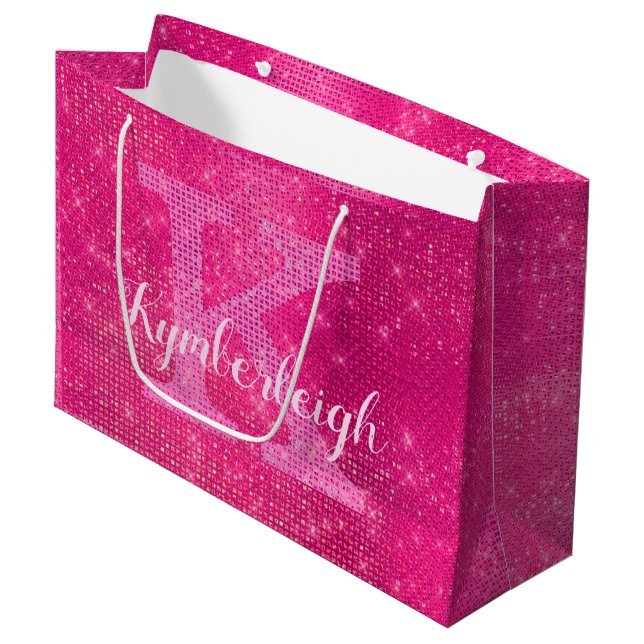 Girly Hot Pink Glam Diamond Sparkle Monogram Name Large Gift Bag (Front Angled)