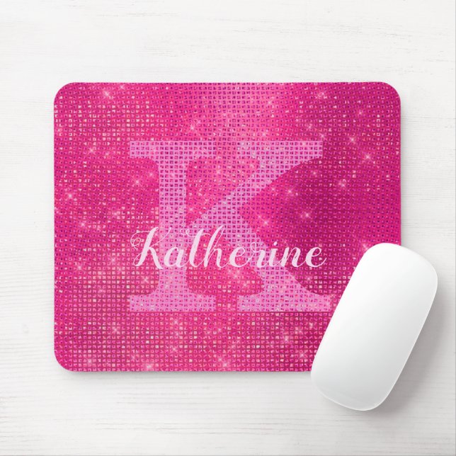 Girly Hot Pink Glam Diamond Sparkle Monogram Name Mouse Pad (With Mouse)