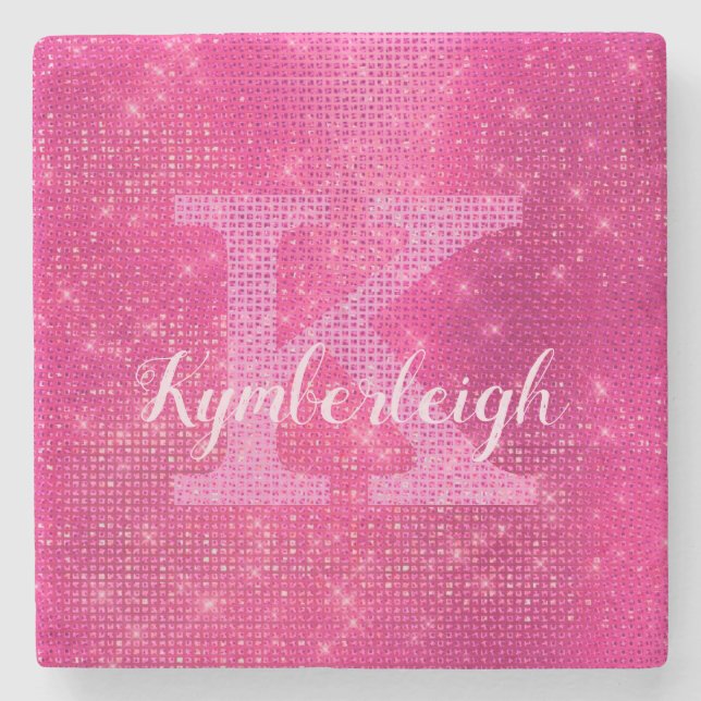 Girly Hot Pink Glam Diamond Sparkle Monogram Name Stone Coaster (Front)