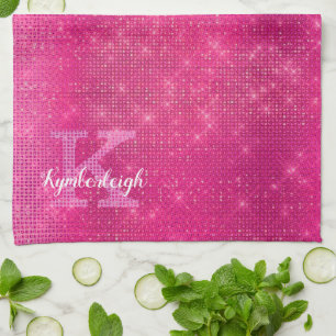Girly Hot Pink Glam Diamond Sparkle Monogram Name Tea Towel