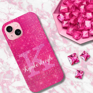 Girly Hot Pink Glam Glitter Sparkle Monogram Name iPhone 15 Case