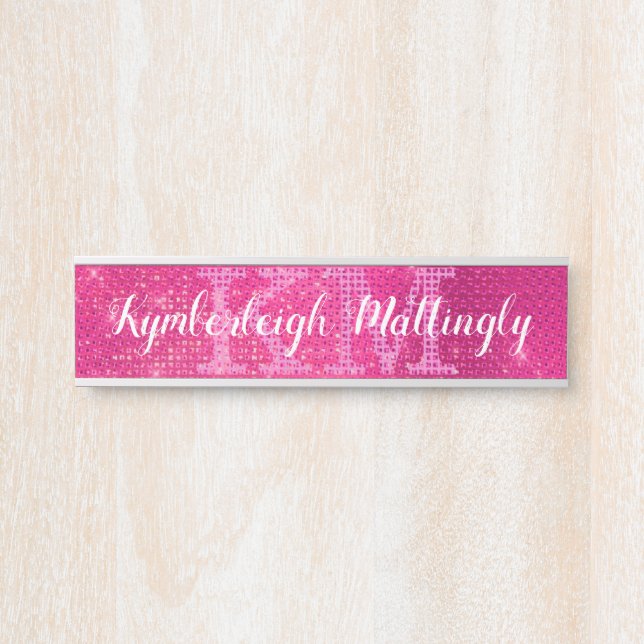 Girly Hot Pink Glam Glitter Sparkle Monogram Name Door Sign (Front)