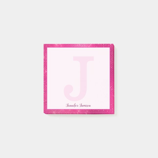 Girly Hot Pink Glam Sparkle Small Monogram Name Post-it Notes (Front)