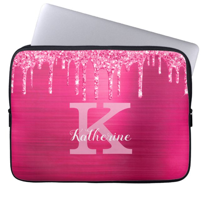 Girly Hot Pink Glitter Drips Chic Monogram Name Laptop Sleeve (Front)