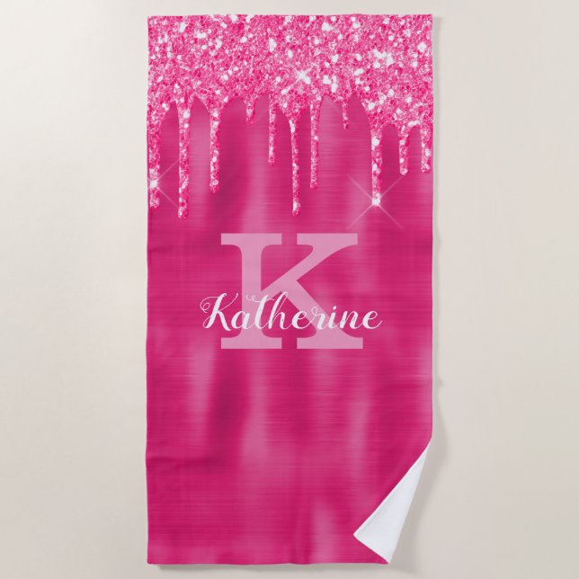 Girly Hot Pink Glitter Drips Glam Monogram Name Beach Towel (Front)