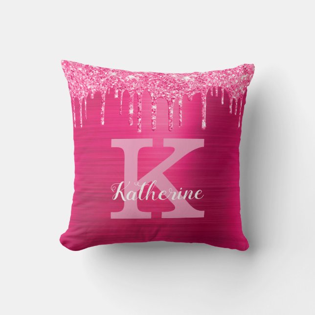 Girly Hot Pink Glitter Drips Glam Monogram Name Cushion (Front)
