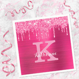 Girly Hot Pink Glitter Drips Glam Monogram Name Napkin