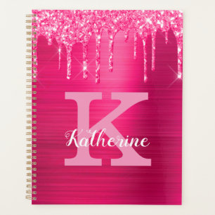 Girly Hot Pink Glitter Drips Glam Monogram Name Planner