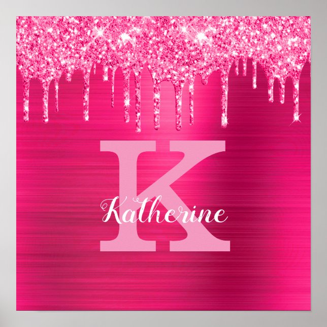 Girly Hot Pink Glitter Drips Glam Monogram Name Poster (Front)