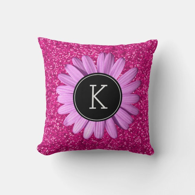 Girly Hot Pink Glitter Flower | Custom Monogram Cushion (Front)