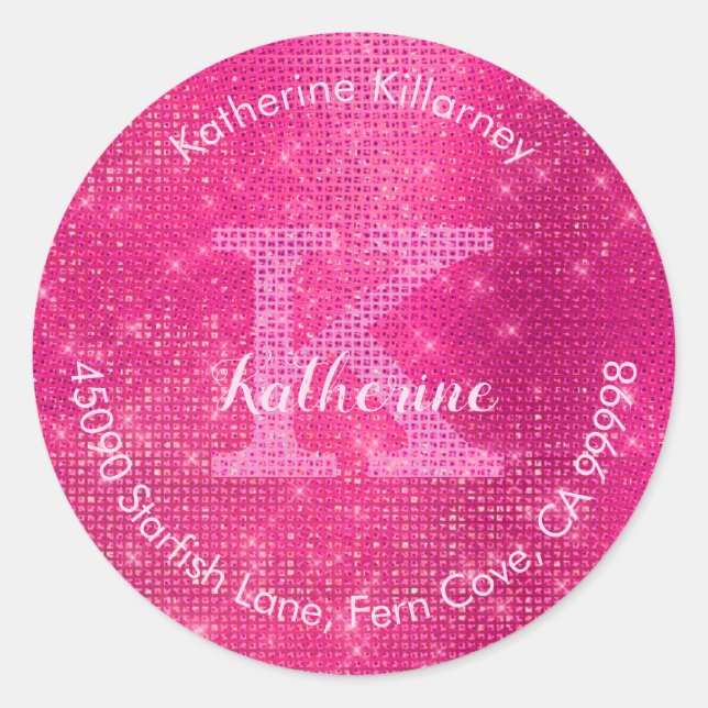 Girly Hot Pink Glitter Glam Monogram Envelope Seal (Front)