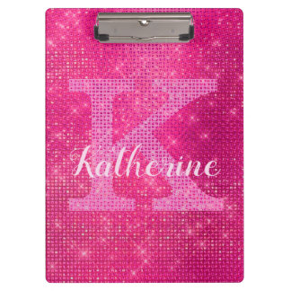 Girly Hot Pink Glitter Glam Sparkle Monogram Name Clipboard