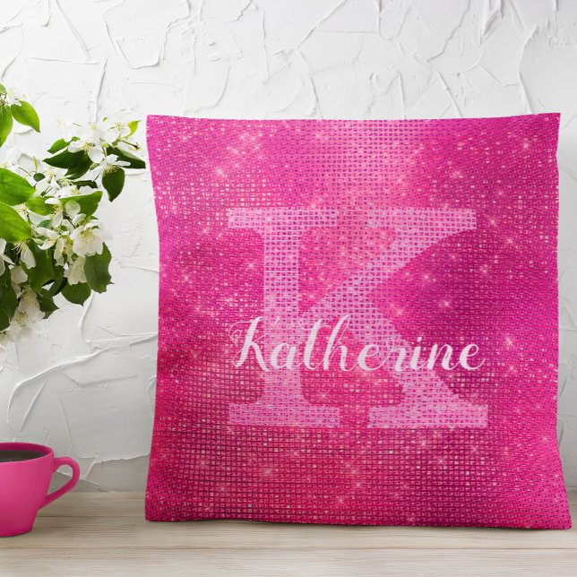 Girly Hot Pink Glitter Glam Sparkle Monogram Name Cushion (Creator Uploaded)