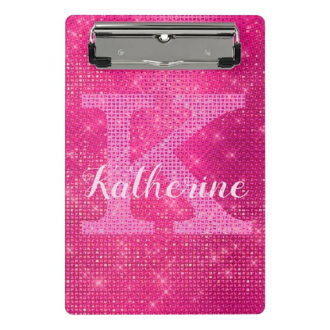 Girly Hot Pink Glitter Glam Sparkle Monogram Name Mini Clipboard (Front)