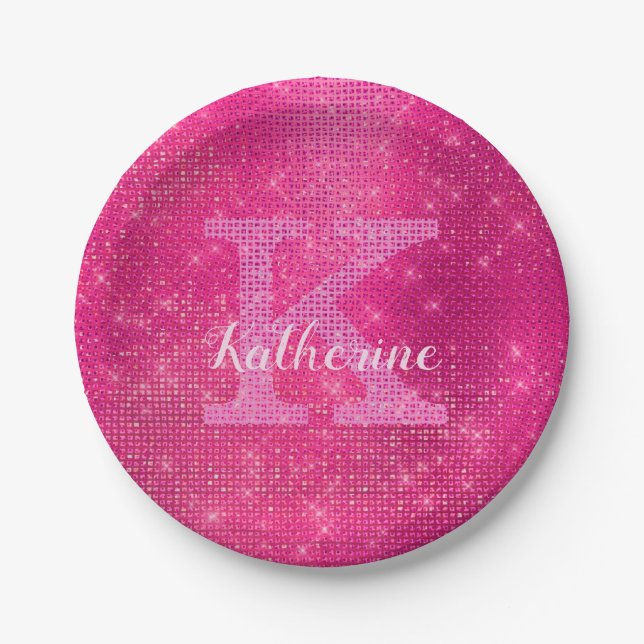 Girly Hot Pink Glitter Glam Sparkle Monogram Name Paper Plate (Front)