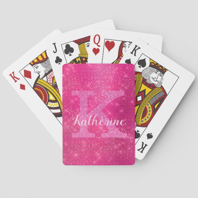 Girly Hot Pink Glitter Glam Sparkle Monogram Name Playing Cards (Back)
