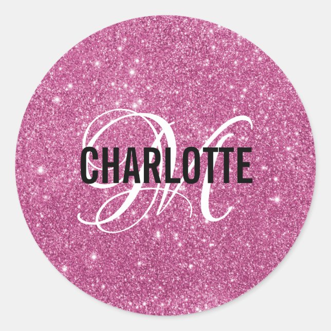 Girly Hot Pink Glitter Monogram Name Classic Round Sticker (Front)