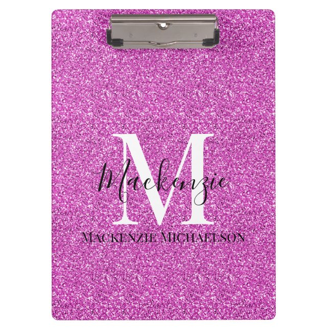 Girly Hot Pink Glitter Monogram Name  Clipboard (Front)
